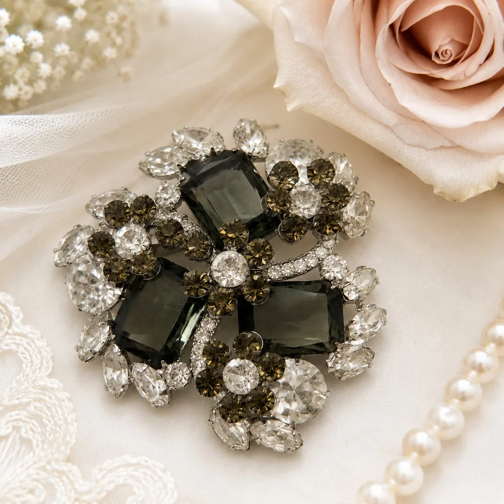 Vintage Smoky Gray Rhinestone Brooch Silver Tone Statement Pin Unsigned 1960s